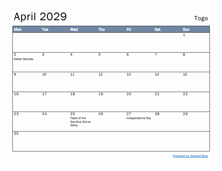 April 2029 Simple Monthly Calendar for Togo