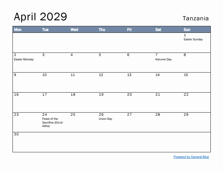 April 2029 Simple Monthly Calendar for Tanzania