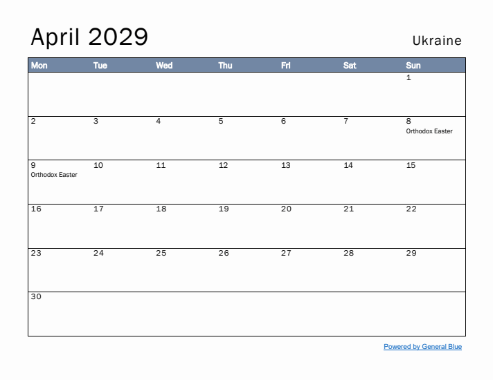 April 2029 Simple Monthly Calendar for Ukraine