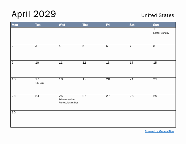 April 2029 Simple Monthly Calendar for United States