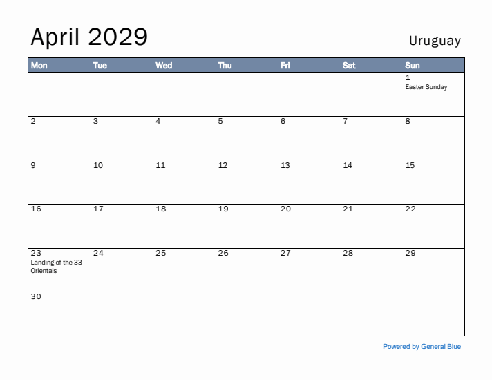 April 2029 Simple Monthly Calendar for Uruguay