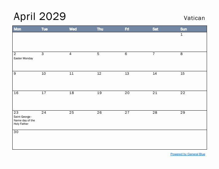 April 2029 Simple Monthly Calendar for Vatican