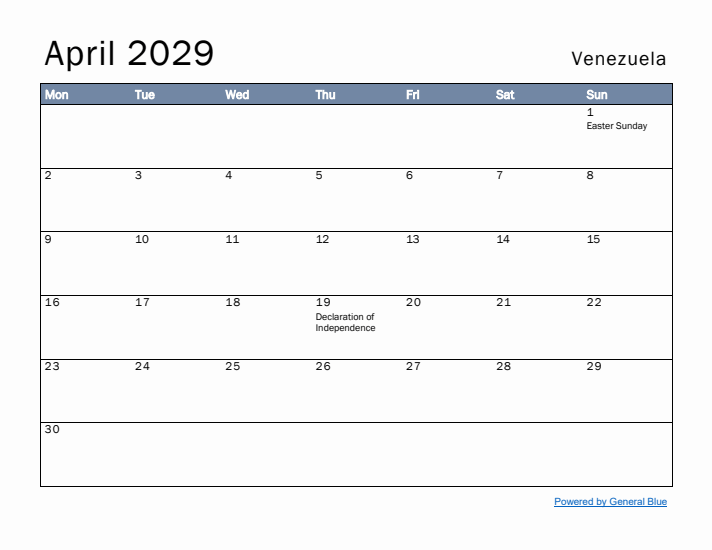 April 2029 Simple Monthly Calendar for Venezuela