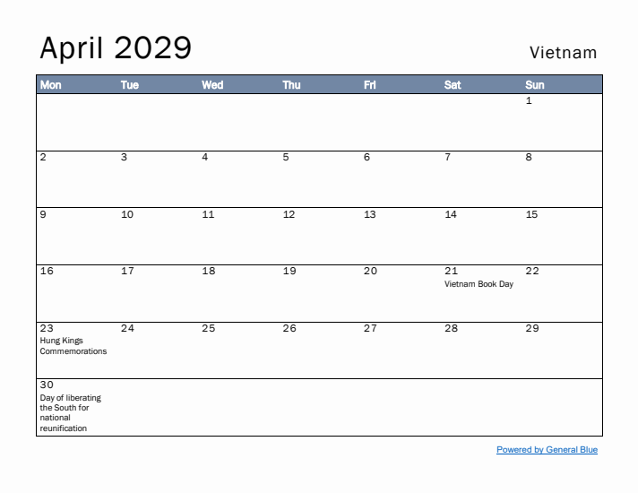 April 2029 Simple Monthly Calendar for Vietnam