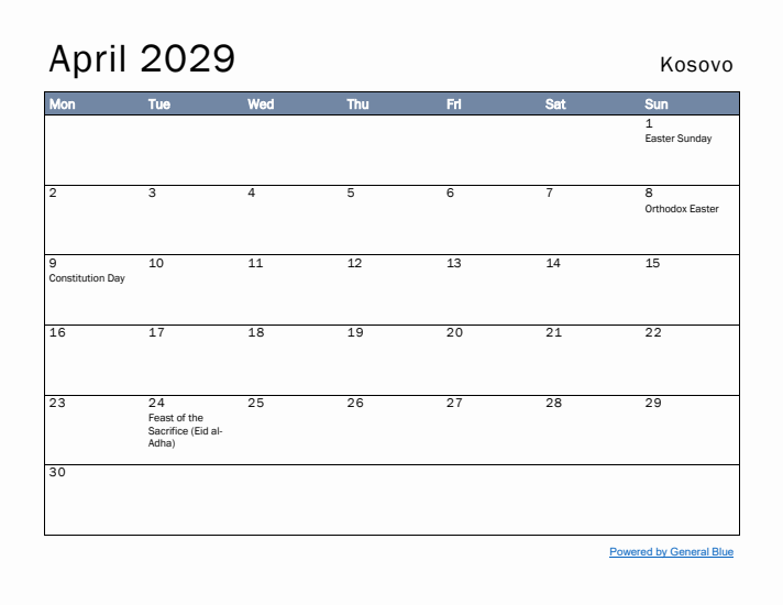 April 2029 Simple Monthly Calendar for Kosovo