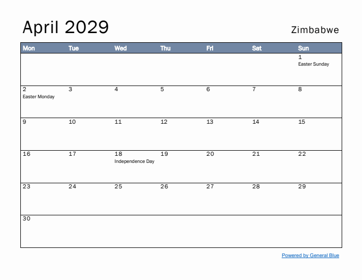 April 2029 Simple Monthly Calendar for Zimbabwe