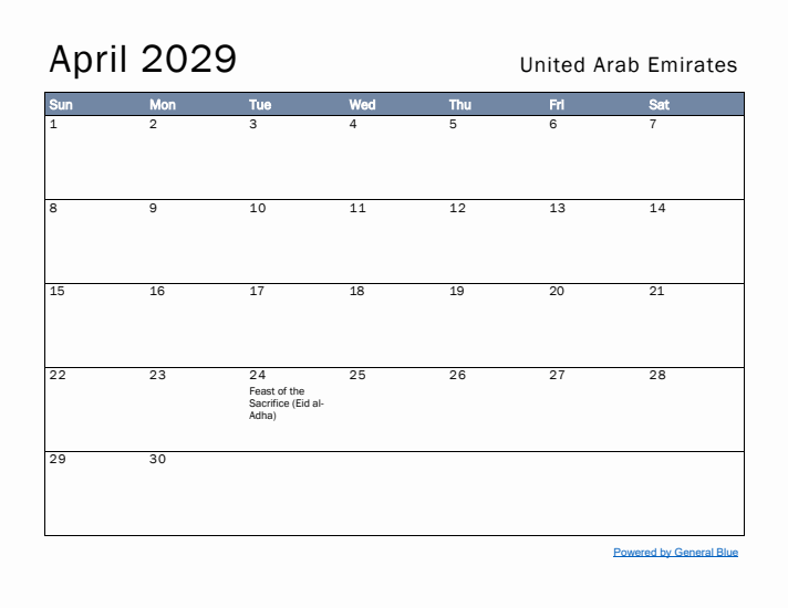 April 2029 Simple Monthly Calendar for United Arab Emirates