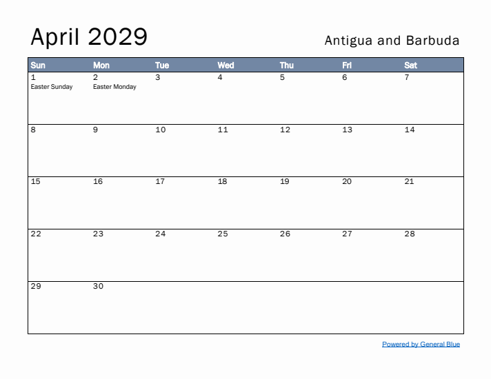 April 2029 Simple Monthly Calendar for Antigua and Barbuda