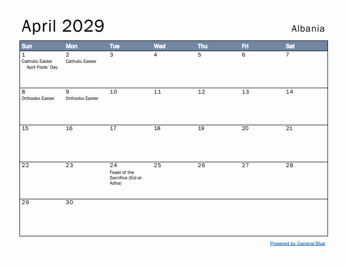 April 2029 Simple Monthly Calendar for Albania