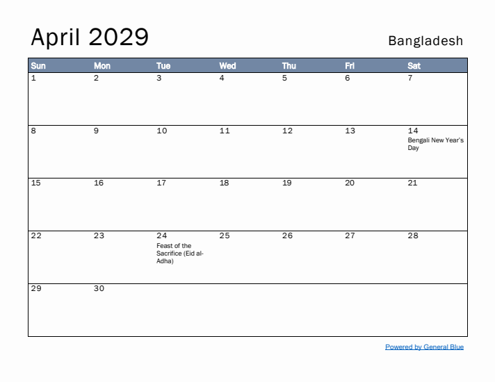 April 2029 Simple Monthly Calendar for Bangladesh