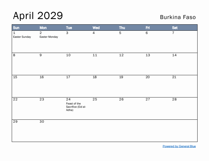 April 2029 Simple Monthly Calendar for Burkina Faso