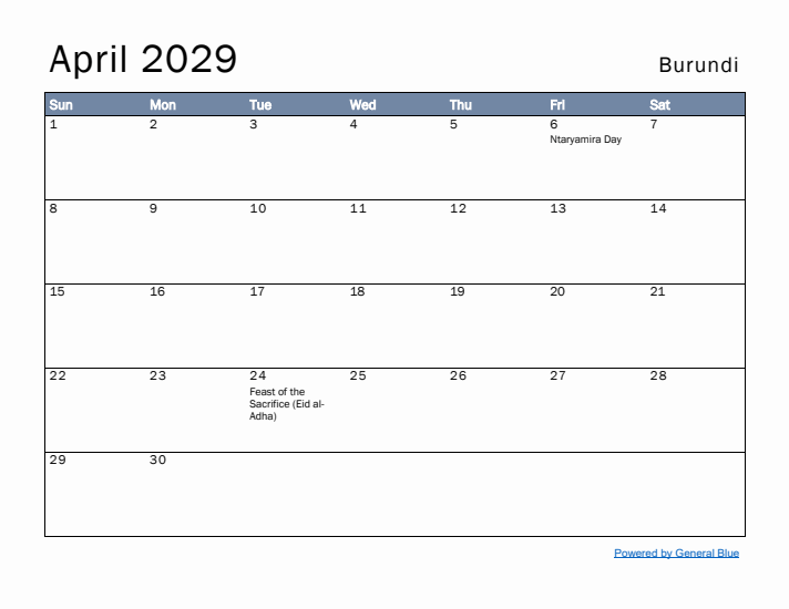 April 2029 Simple Monthly Calendar for Burundi