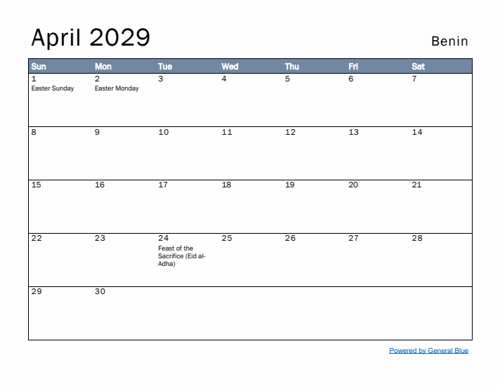 April 2029 Simple Monthly Calendar for Benin