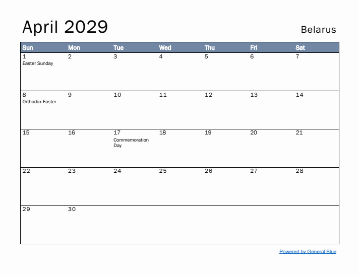 April 2029 Simple Monthly Calendar for Belarus