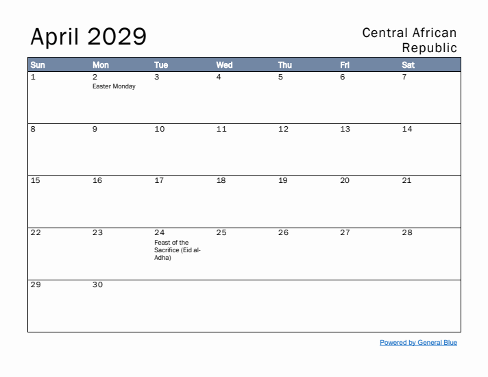 April 2029 Simple Monthly Calendar for Central African Republic