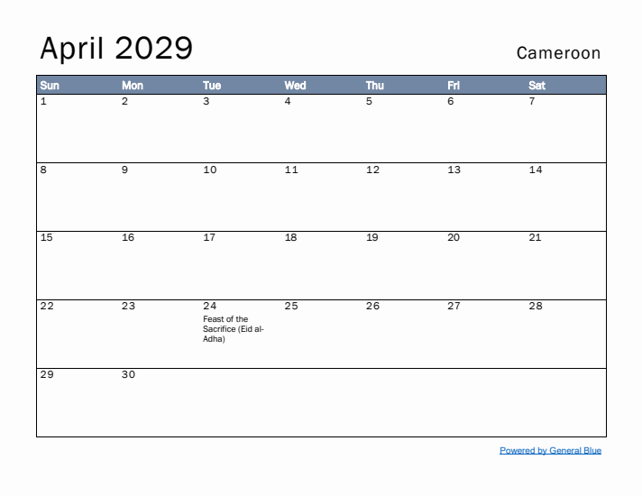 April 2029 Simple Monthly Calendar for Cameroon