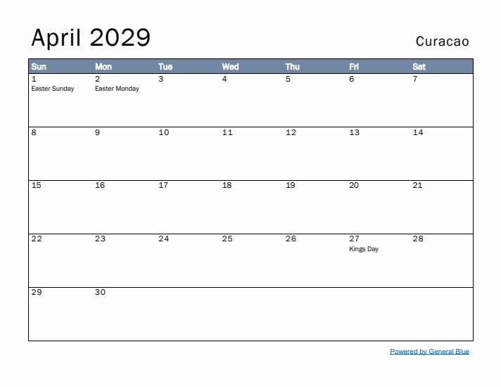 April 2029 Simple Monthly Calendar for Curacao