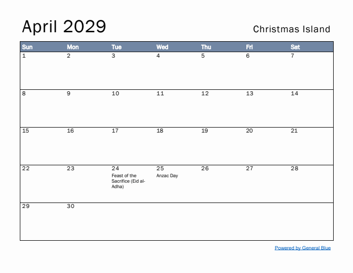 April 2029 Simple Monthly Calendar for Christmas Island