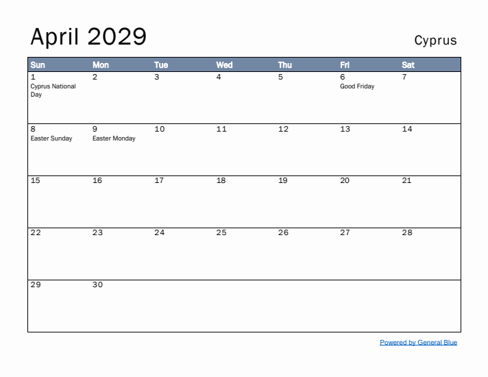 April 2029 Simple Monthly Calendar for Cyprus