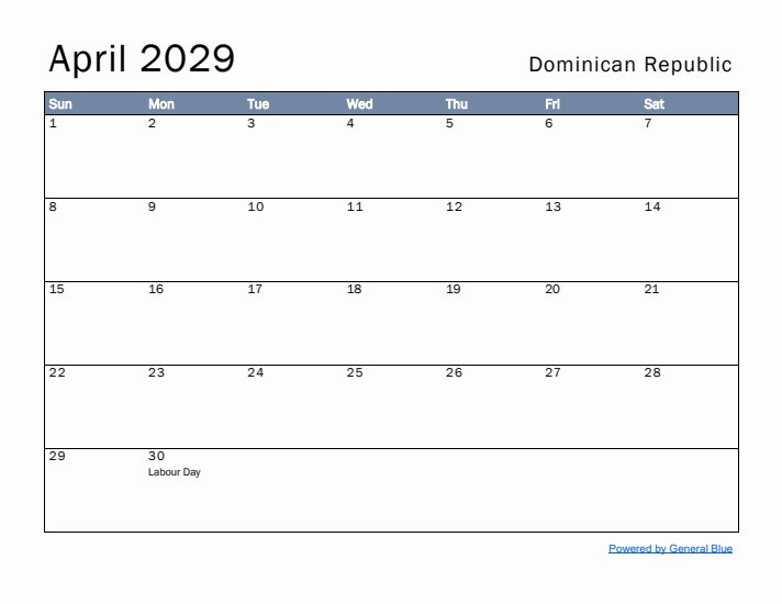 April 2029 Simple Monthly Calendar for Dominican Republic