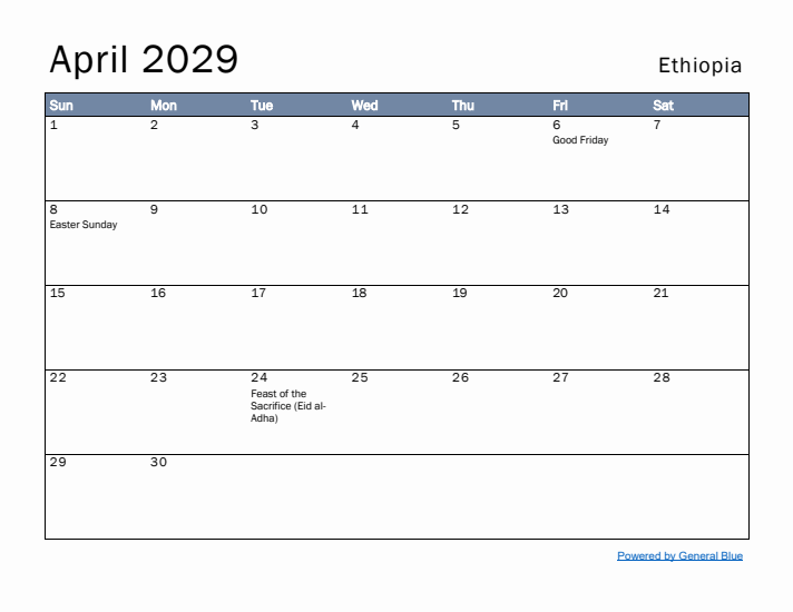 April 2029 Simple Monthly Calendar for Ethiopia