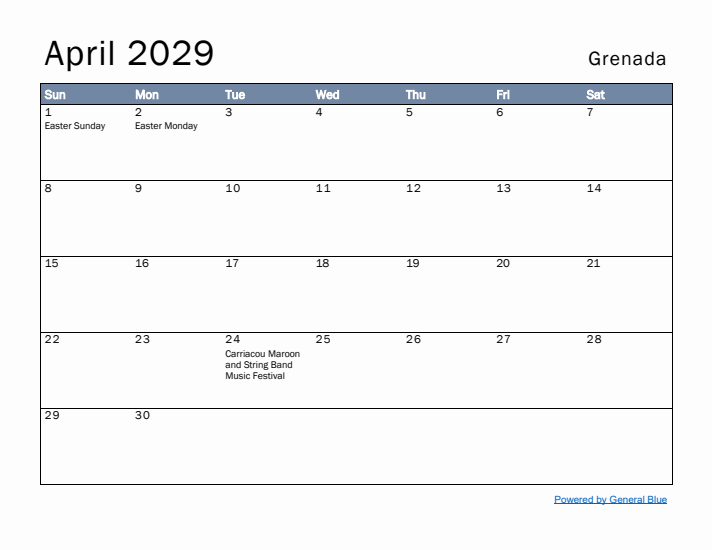 April 2029 Simple Monthly Calendar for Grenada