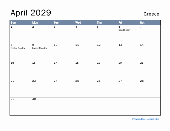 April 2029 Simple Monthly Calendar for Greece