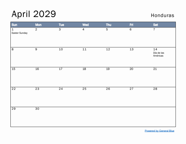 April 2029 Simple Monthly Calendar for Honduras