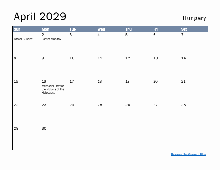 April 2029 Simple Monthly Calendar for Hungary