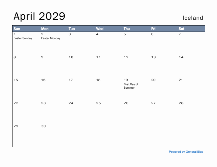 April 2029 Simple Monthly Calendar for Iceland