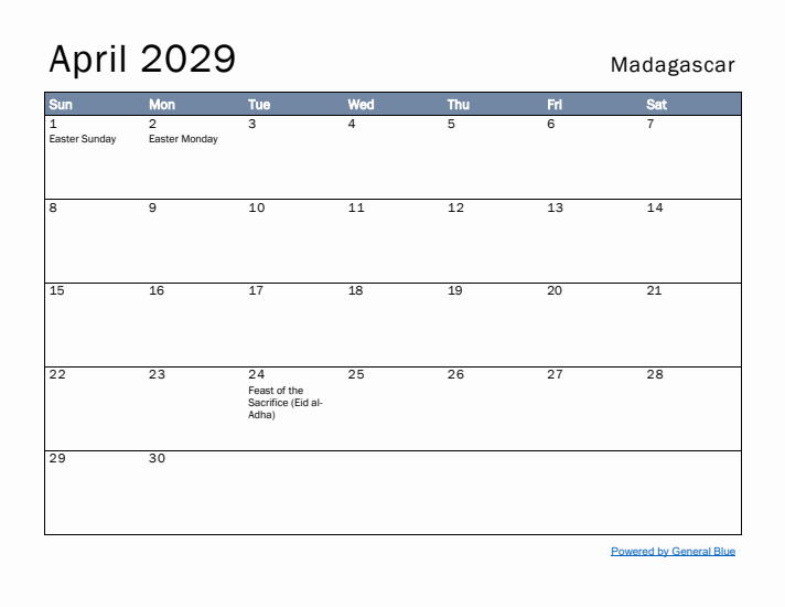 April 2029 Simple Monthly Calendar for Madagascar