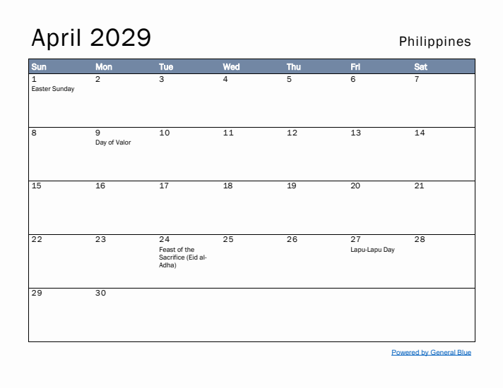 April 2029 Simple Monthly Calendar for Philippines