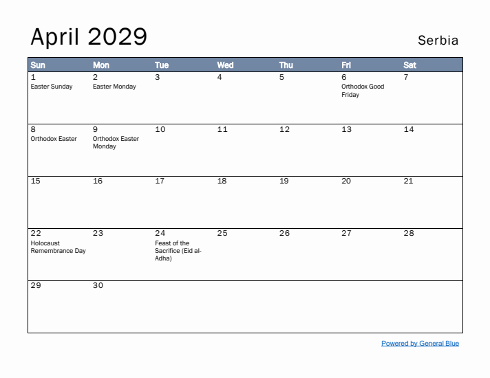 April 2029 Simple Monthly Calendar for Serbia