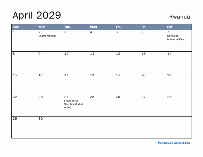 April 2029 Simple Monthly Calendar for Rwanda