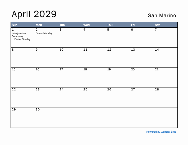 April 2029 Simple Monthly Calendar for San Marino