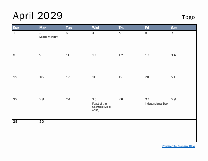 April 2029 Simple Monthly Calendar for Togo