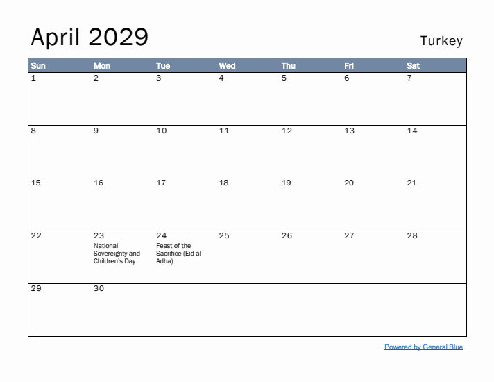 April 2029 Simple Monthly Calendar for Turkey