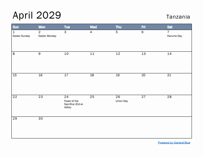 April 2029 Simple Monthly Calendar for Tanzania