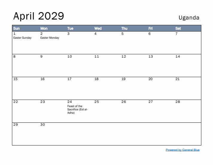 April 2029 Simple Monthly Calendar for Uganda