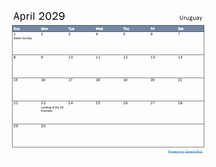 April 2029 Simple Monthly Calendar for Uruguay