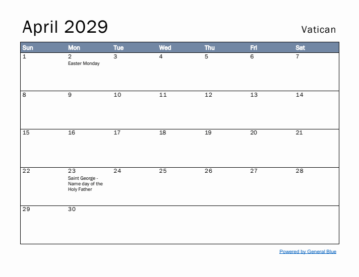 April 2029 Simple Monthly Calendar for Vatican