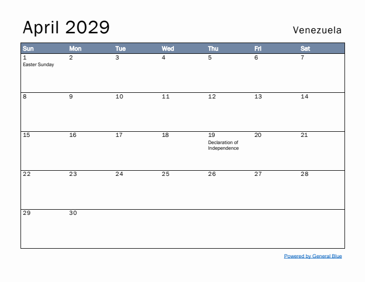 April 2029 Simple Monthly Calendar for Venezuela