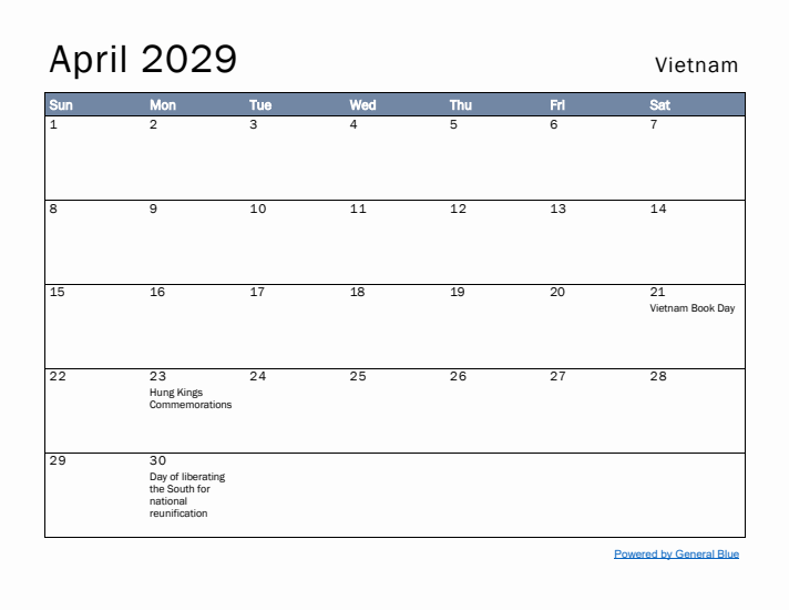 April 2029 Simple Monthly Calendar for Vietnam