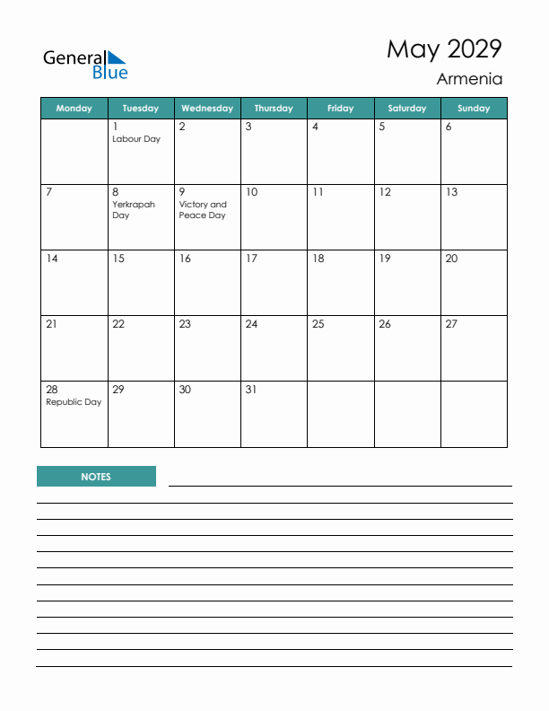 Calendar with Notes Printable - Monday Start