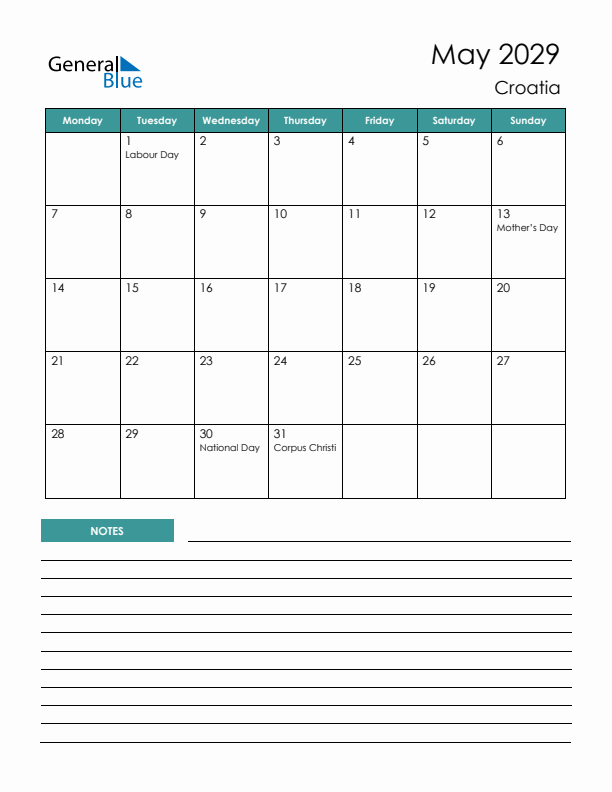 Calendar with Notes Printable - Monday Start