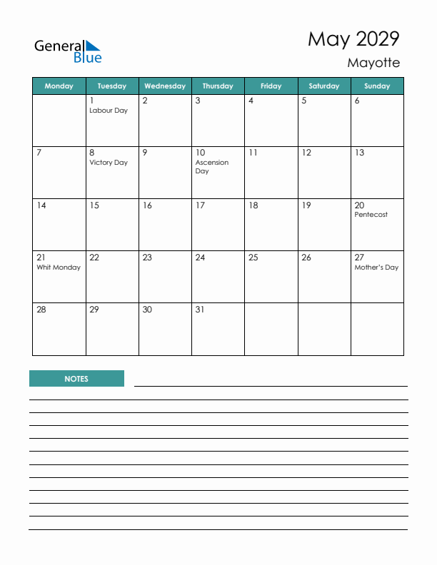 Calendar with Notes Printable - Monday Start