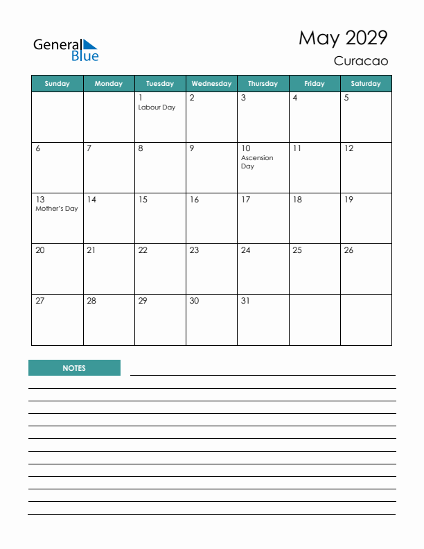 Calendar with Notes Printable - Sunday Start