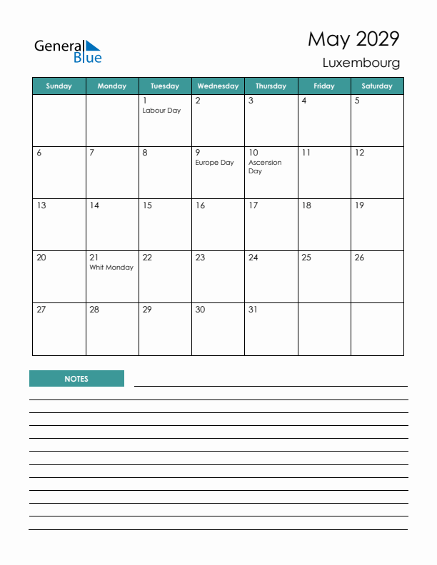 Calendar with Notes Printable - Sunday Start