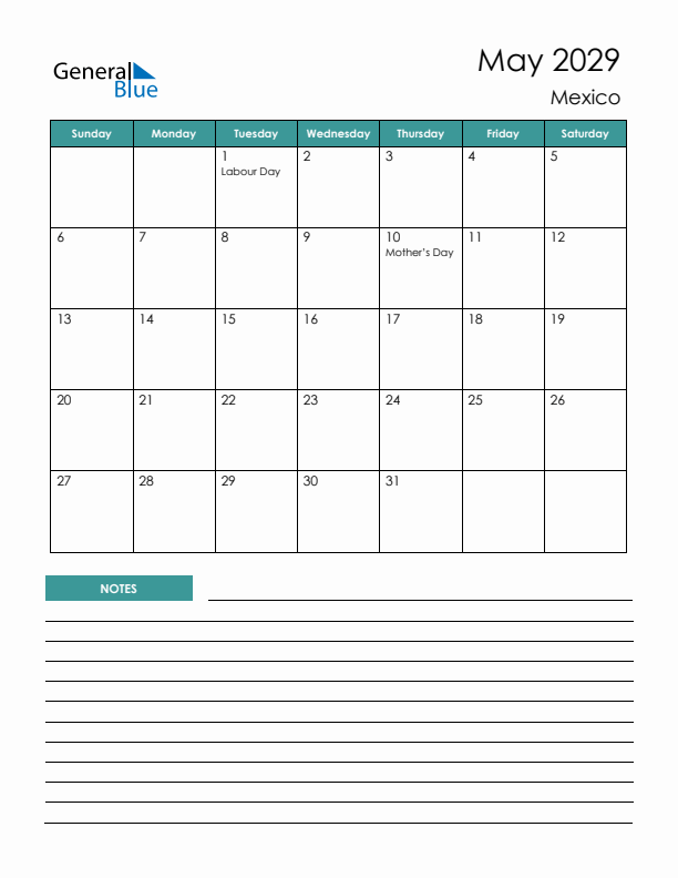 Calendar with Notes Printable - Sunday Start