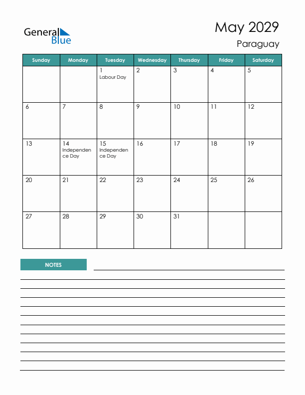 Calendar with Notes Printable - Sunday Start